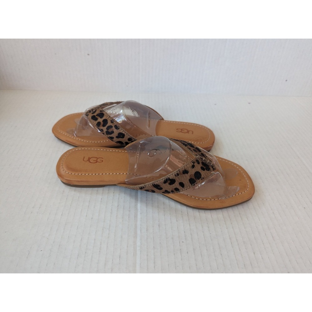 UGG Women's 6.5 Leather Tuolumne Real Cow Fur Thong Sandals Tan Brown Print New - Picture 3 of 7
